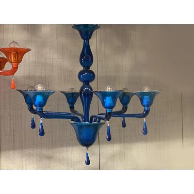  SimoEng Murano Style Glass Chandelier in Blue Lattimo Color