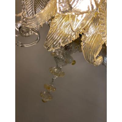  SimoEng Murano Style Glass Clear and Gold Chandelier With Flowers and Leaves