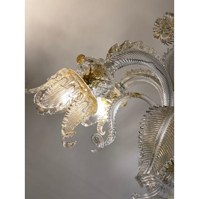  SimoEng Murano Style Glass Clear and Gold Chandelier With Flowers and Leaves