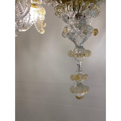 SimoEng Murano Style Glass Clear and Gold Chandelier With Flowers and Leaves