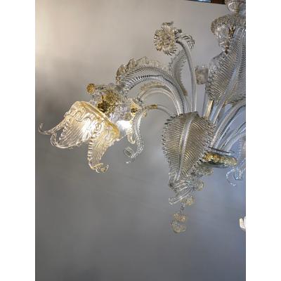  SimoEng Murano Style Glass Clear and Gold Chandelier With Flowers and Leaves