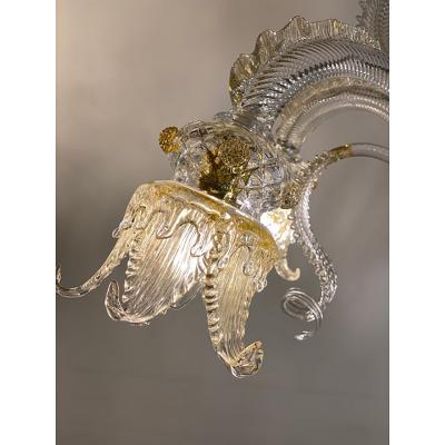  SimoEng Murano Style Glass Clear and Gold Chandelier With Flowers and Leaves