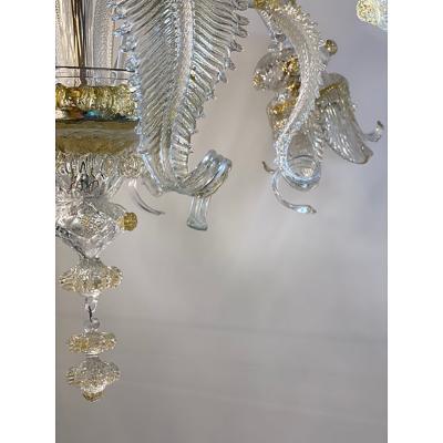  SimoEng Murano Style Glass Clear and Gold Chandelier With Flowers and Leaves