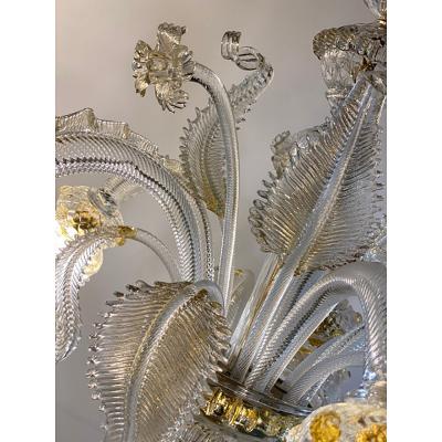  SimoEng Murano Style Glass Clear and Gold Chandelier With Flowers and Leaves