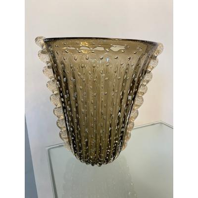  SimoEng Murano Style Glass Gray Vase With Gold and Bubble Air