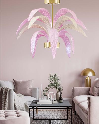  SimoEng Murano glass chandelier lamp pink and opalino palm
