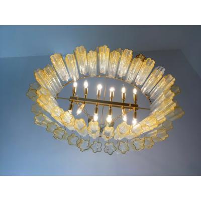  SimoEng Oval Vanished Clear Amber Tronchi Murano Glass Chandelier in Venini Style