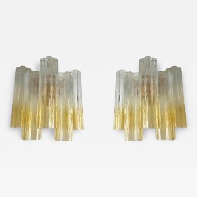  SimoEng Pair of Vanished Clear Amber Tronchi Murano Glass Wall Sconces in Venini Style