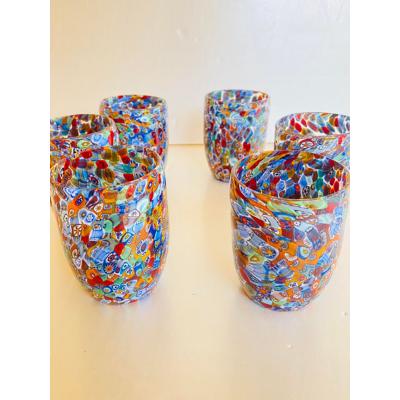 SimoEng Set of 6 Multicolor Floral Murrine Glasses in the Style of Murano Glass