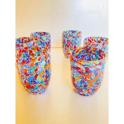  SimoEng Set of 6 Multicolor Floral Murrine Glasses in the Style of Murano Glass