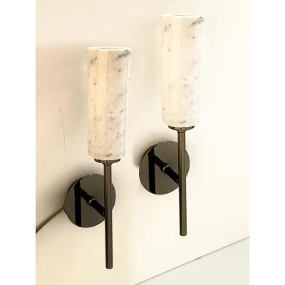  SimoEng Set of Two Contemporary Black Nickel Carrara Marble Wall Sconces