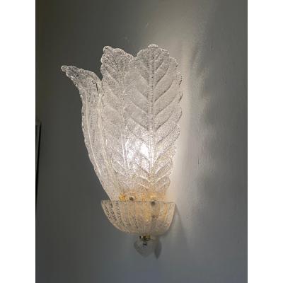  SimoEng Set of Two Transparent Graniglia Leaf Murano Glass Wall Sconces