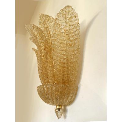  SimoEng Set of Two Transparent and Gold Graniglia Leaf Murano Glass Wall Sconces