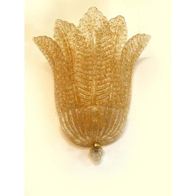  SimoEng Set of Two Transparent and Gold Graniglia Leaf Murano Glass Wall Sconces