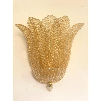  SimoEng Set of Two Transparent and Gold Graniglia Leaf Murano Glass Wall Sconces
