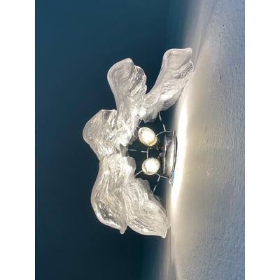  SimoEng Set of Two Transparent and White Fiamma Murano Glass Wall Sconces