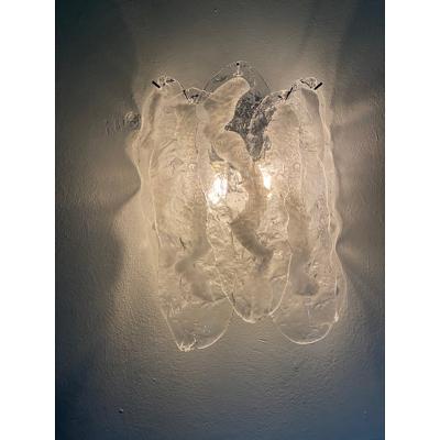  SimoEng Set of Two Transparent and White Fiamma Murano Glass Wall Sconces