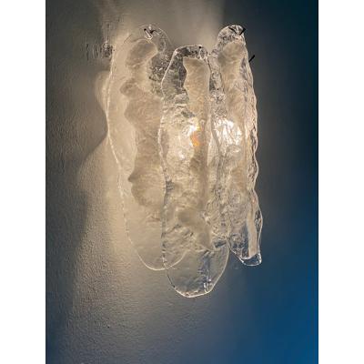  SimoEng Set of Two Transparent and White Fiamma Murano Glass Wall Sconces