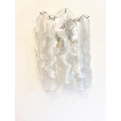  SimoEng Set of Two Transparent and White Fiamma Murano Glass Wall Sconces