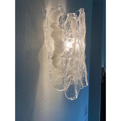 SimoEng Set of Two Transparent and White Fiamma Murano Glass Wall Sconces