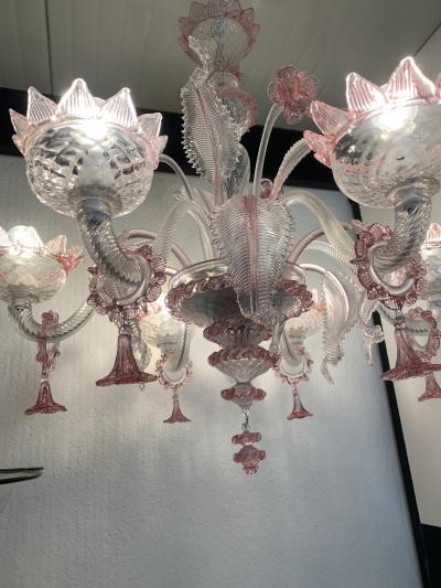  SimoEng Transparent and Pink Murano Style Glass Chandelier With Flowers and Leaves