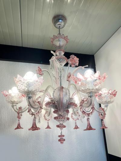  SimoEng Transparent and Pink Murano Style Glass Chandelier With Flowers and Leaves