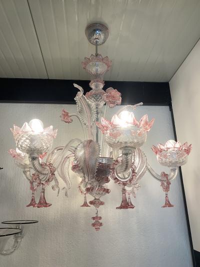  SimoEng Transparent and Pink Murano Style Glass Chandelier With Flowers and Leaves