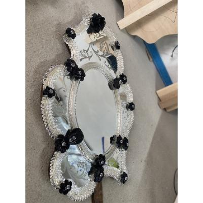  SimoEng Venetian Black Floreal Hand Carving Mirror in Murano Glass Style