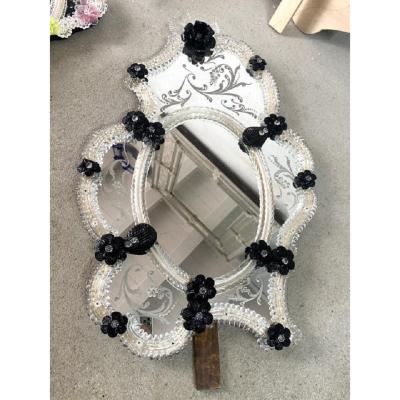  SimoEng Venetian Black Floreal Hand Carving Mirror in Murano Glass Style