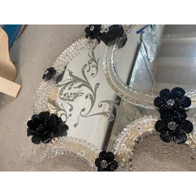  SimoEng Venetian Black Floreal Hand Carving Mirror in Murano Glass Style