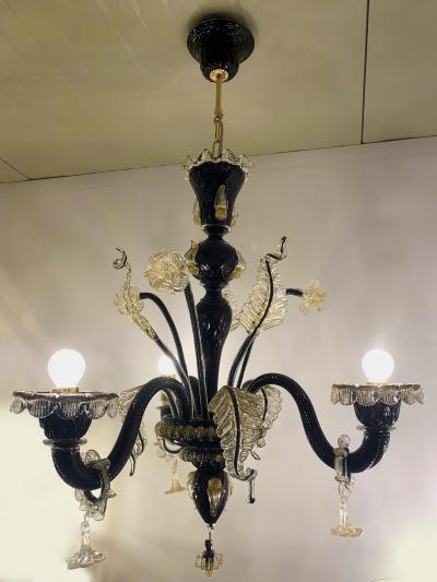  SimoEng Venetian Black and Gold Murano Style Glass Chandelier With Flowers and Leaves