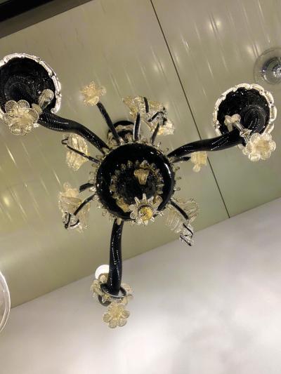  SimoEng Venetian Black and Gold Murano Style Glass Chandelier With Flowers and Leaves