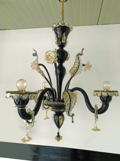  SimoEng Venetian Black and Gold Murano Style Glass Chandelier With Flowers and Leaves