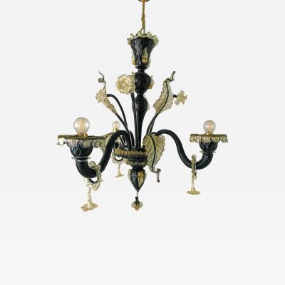  SimoEng Venetian Black and Gold Murano Style Glass Chandelier With Flowers and Leaves