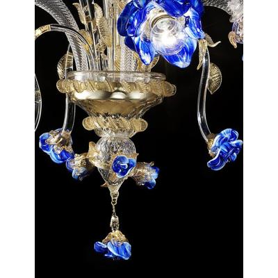  SimoEng Venetian Blue and Gold Flowers Murano Style Glass Chandelier