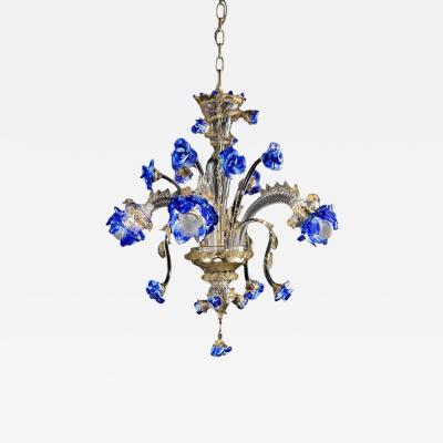  SimoEng Venetian Blue and Gold Flowers Murano Style Glass Chandelier