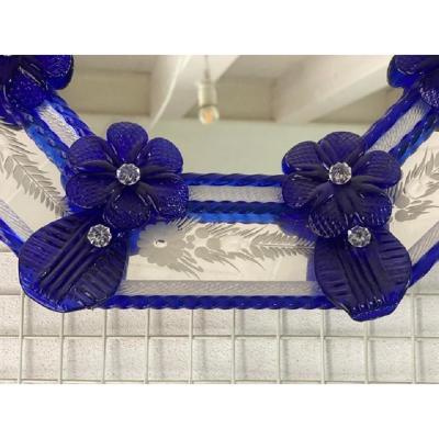  SimoEng Venetian Octagonal Blue Floreal Hand Carving Mirror in Murano Glass Style