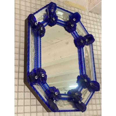  SimoEng Venetian Octagonal Blue Floreal Hand Carving Mirror in Murano Glass Style