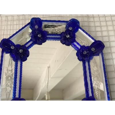  SimoEng Venetian Octagonal Blue Floreal Hand Carving Mirror in Murano Glass Style