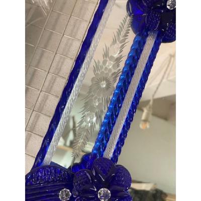  SimoEng Venetian Octagonal Blue Floreal Hand Carving Mirror in Murano Glass Style