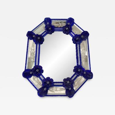  SimoEng Venetian Octagonal Blue Floreal Hand Carving Mirror in Murano Glass Style