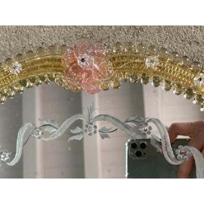  SimoEng Venetian Oval Gold and Pink Floreal Hand Carving Mirror in Murano Glass Style