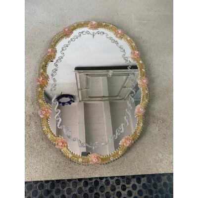  SimoEng Venetian Oval Gold and Pink Floreal Hand Carving Mirror in Murano Glass Style