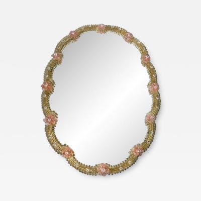  SimoEng Venetian Oval Gold and Pink Floreal Hand Carving Mirror in Murano Glass Style