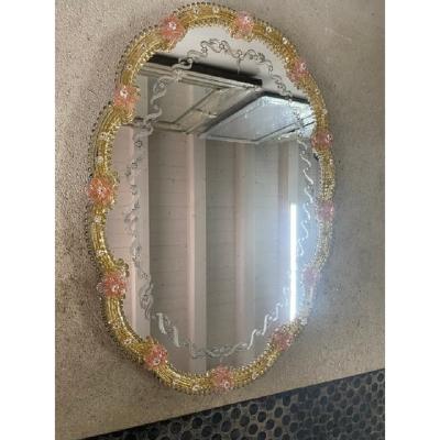  SimoEng Venetian Oval Gold and Pink Floreal Hand Carving Mirror in Murano Glass Style