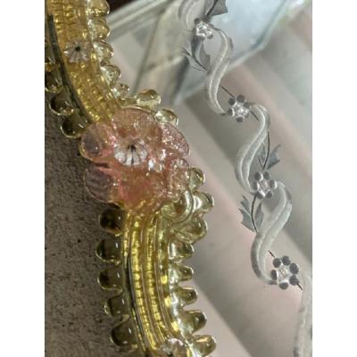  SimoEng Venetian Oval Gold and Pink Floreal Hand Carving Mirror in Murano Glass Style