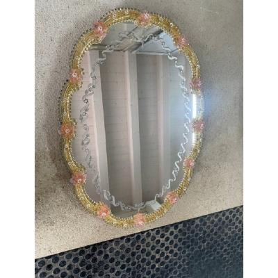  SimoEng Venetian Oval Gold and Pink Floreal Hand Carving Mirror in Murano Glass Style