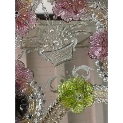  SimoEng Venetian Oval Green and Pink Floreal Hand Carving Mirror in Murano Glass Style