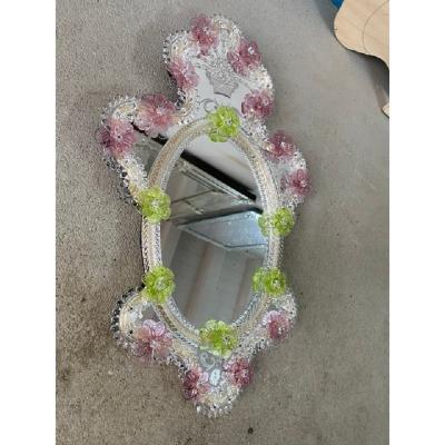  SimoEng Venetian Oval Green and Pink Floreal Hand Carving Mirror in Murano Glass Style