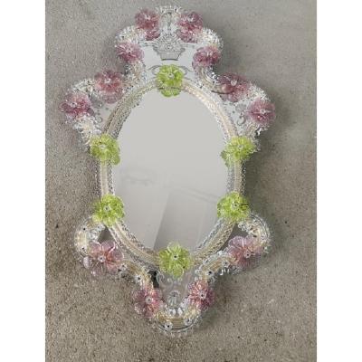  SimoEng Venetian Oval Green and Pink Floreal Hand Carving Mirror in Murano Glass Style